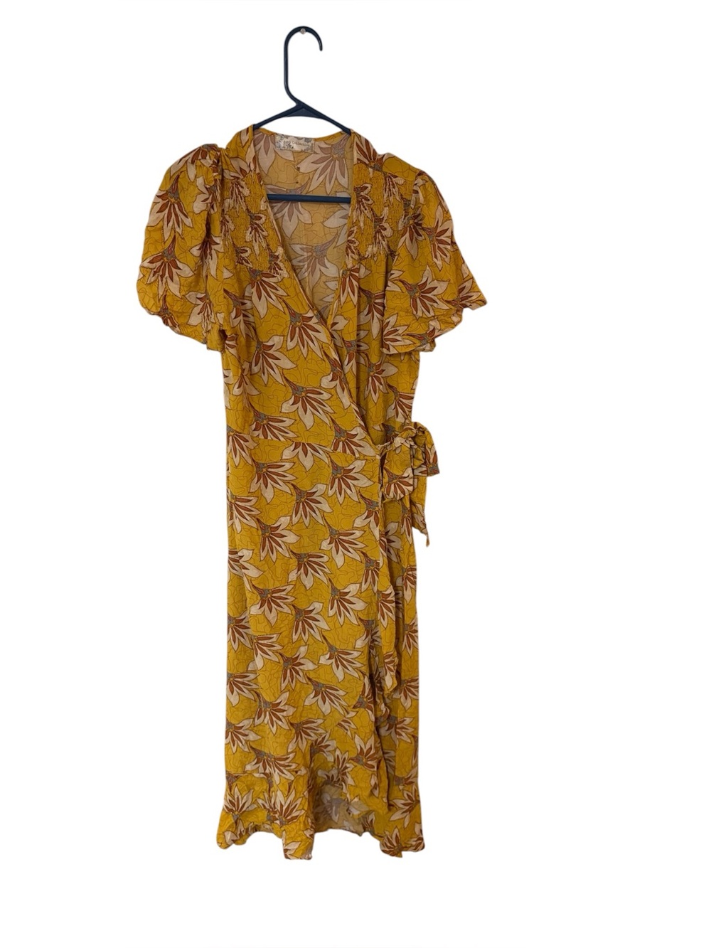 Mustard Floral Wrap Dress Boho Viscose Flutter Sleeve XL
